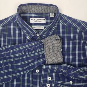 NICK GRAHAM‎ Shirt Mens Size Large Blue Plaid Long Sleeve Button Down Modern Fit